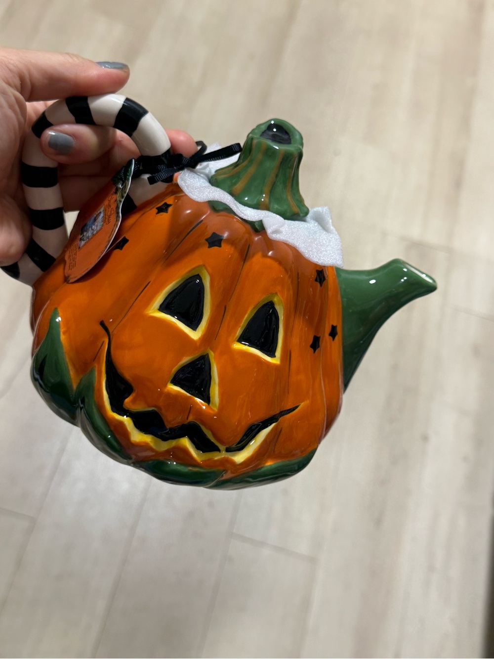 Blue Sky Orange & Green Jack-O'-Lantern Teapot with Striped Handle